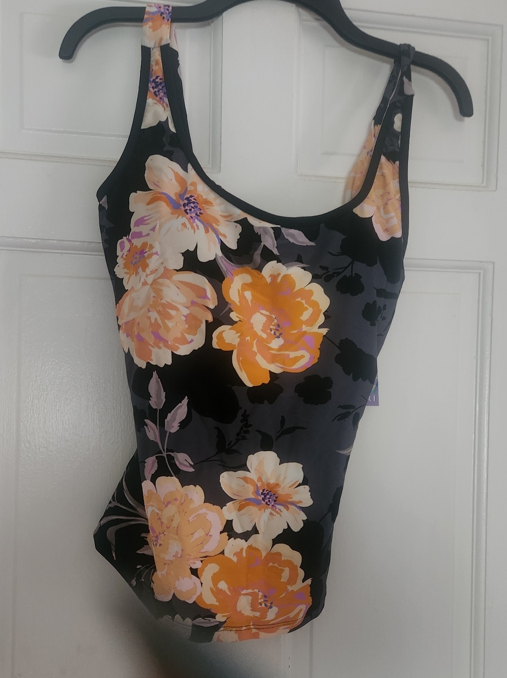 Hapari Black Floral Scoop Neck Tankini with Orange & Cream Blooms